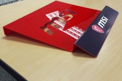 We Do Pro Displays - Acrylic Laptop stand - laser cutout logo - printed vinyl branding